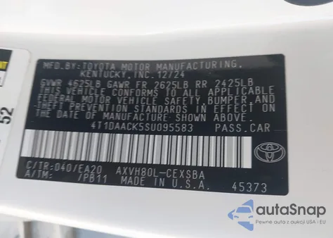 2025 Toyota Camry Se z USA, uszkodzony, nr VIN 4T1DAACK5SU095583